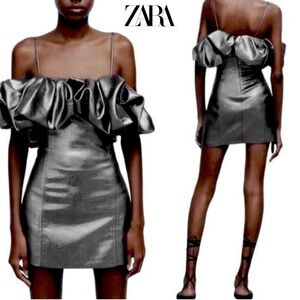 Zara silver metallic chrome voluminous mini dress ruffle frill off the shoulder